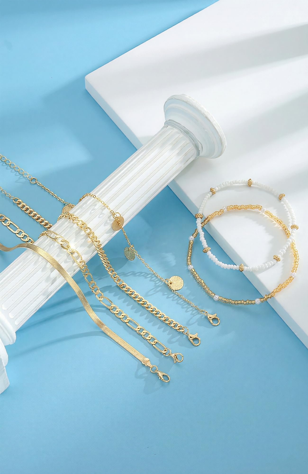 FAXHION Gold Ankle Bracelets for Women Waterproof, layered Coin Bead Cuban Link Chain Adjustable Anklets Set, Summer Boho Anklet Beach Jewelry Gift for Women