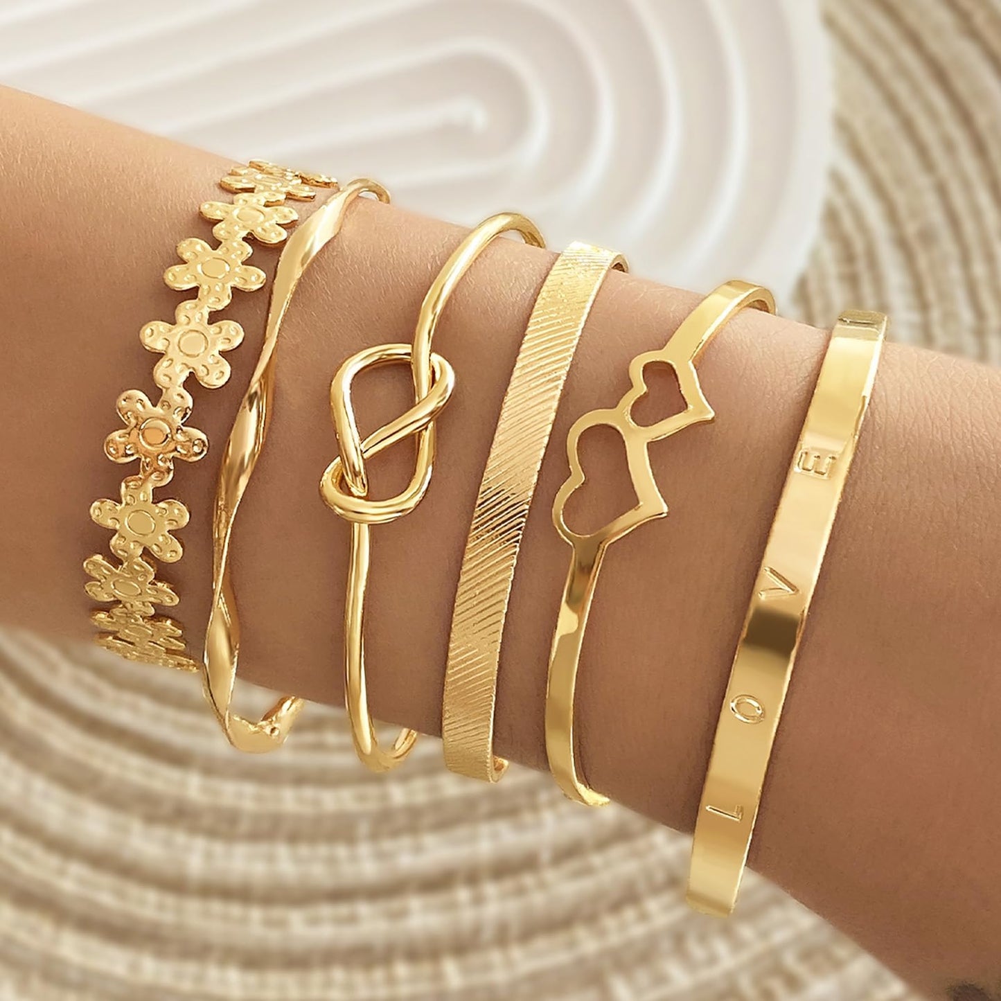 IFKM Gold Bangle Bracelets For Women, 14k Gold Plated Multi Layer Stackable Cuff Bracelet Set, Trendy Elegance Charms Non Tarnish Minimalist Textured Boho Jewelry Gift for Women (6pcs LOVE Flower)