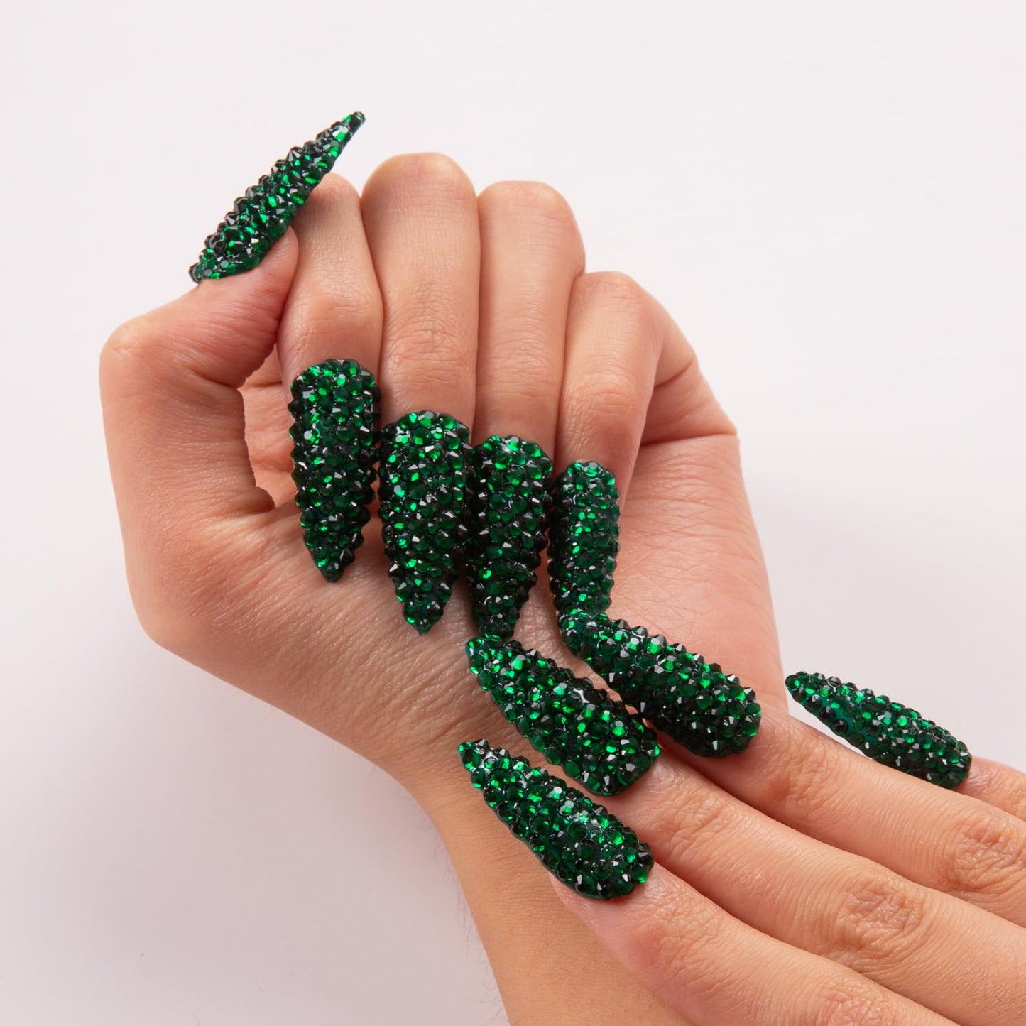 LOVFUL Press on Nails Classic Green Rhinestone | Handmade with Full Covered Crystals | Reusable Fake Nails | Stiletto Classic Regular 1.3 in | H147-S