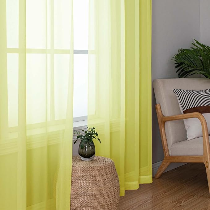 Lecloud Lemon Sheer Curtains 90 Inches Long 2 Panels, Solid Voile Privacy Airy Home Decor Living Room Curtains, Dual Rod Pockets Light Filtering Soft Drapes for Bedroom, Each Panel 42" W x 90" L