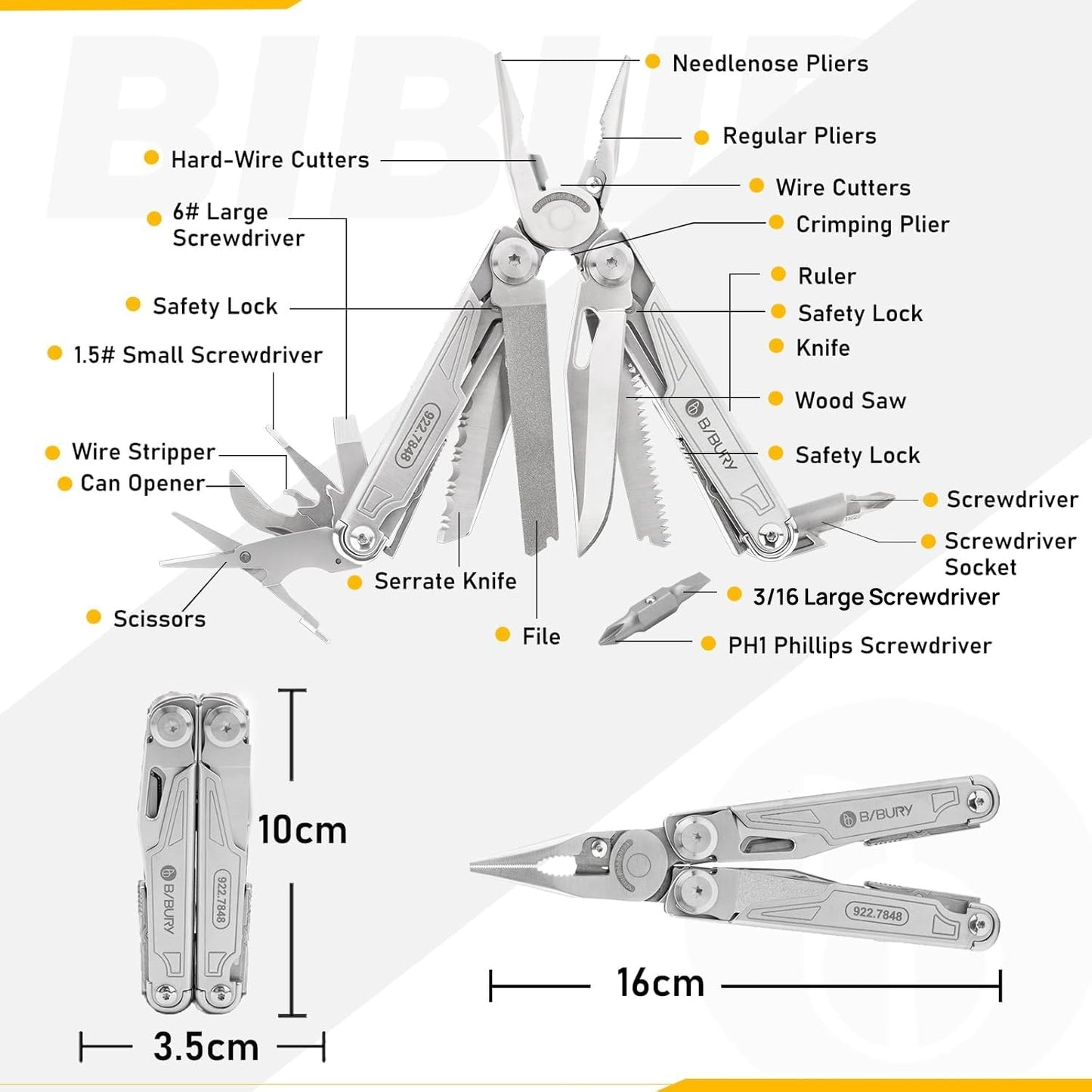 BIBURY Multitool with Pocket Knife, 19-in-1 Stainless Steel Pliers with Scissors, Self-locking Multi tools with EDC Sheath for Home, Camping, Hiking, Survival, Gifts for Men, BI2038A
