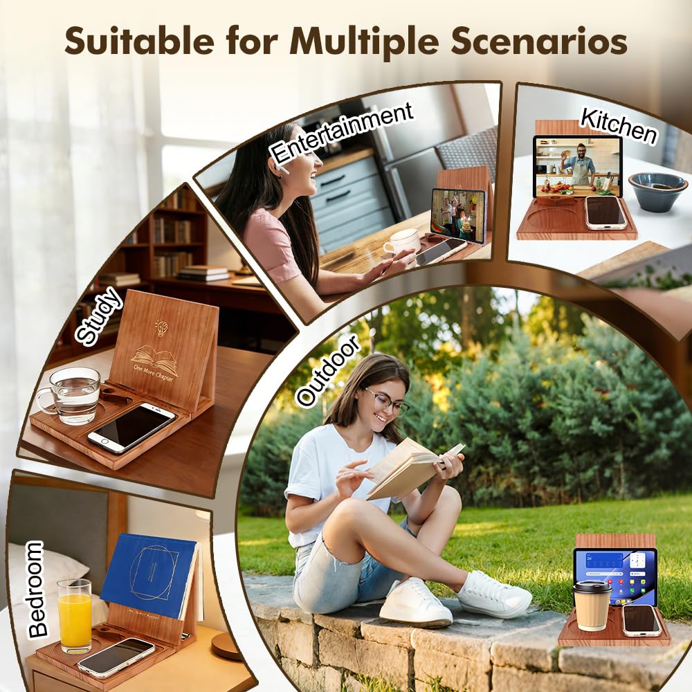 Triangle Book Holder Stand & Reading Valet, Foldable Wooden Book Rest with Cup, Phone, Glasses & Pen Holder, Includes Thumb Page Holder, Ideal Reading Accessory Gift for Book Lovers, Readers