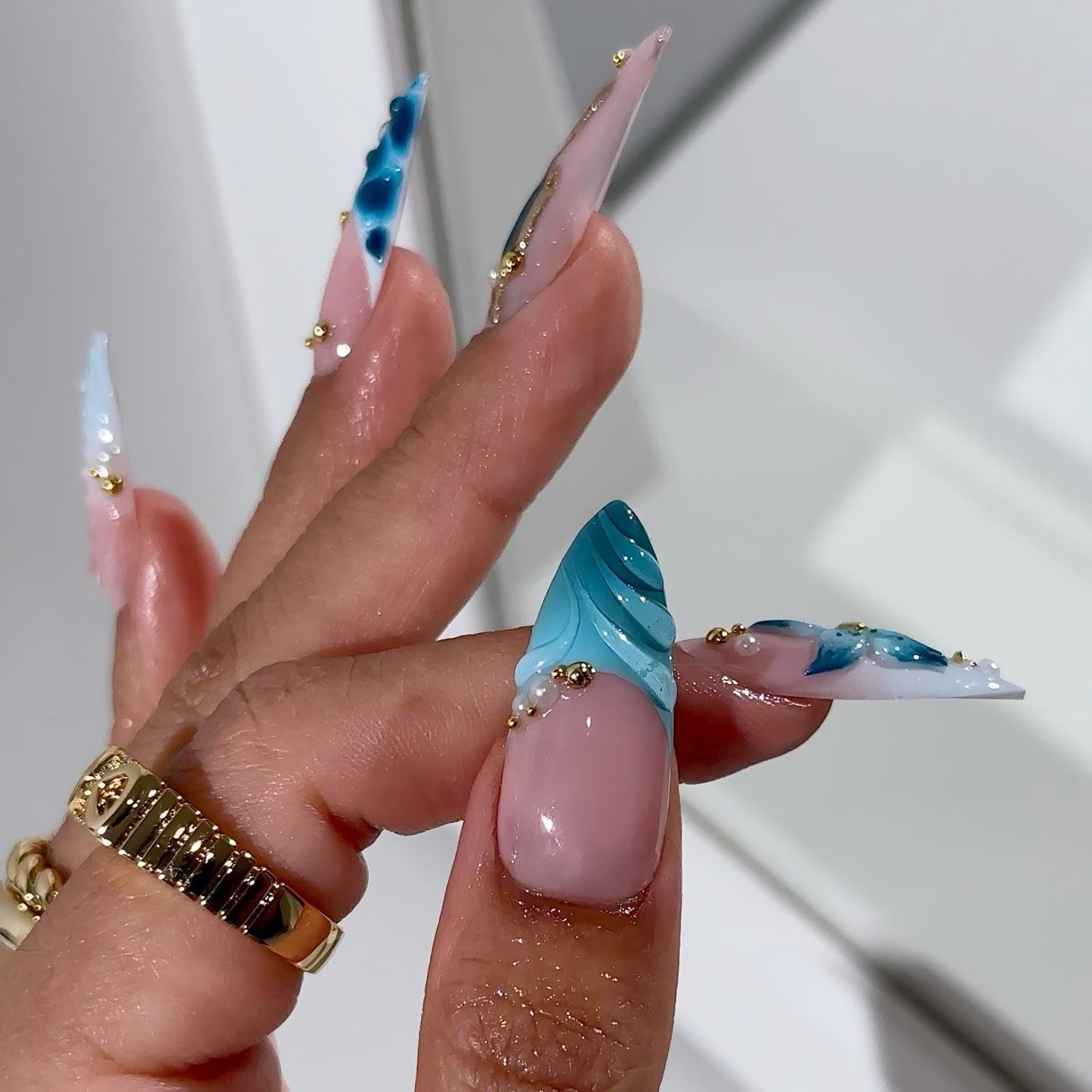 Handmade Almond Press on Nails Long Tip False Nails Summer French Tip Nails Press Ons with 3D Flowers Design Reusable Fake Nails Luxury Full Cover Stick on Nail for Women Manicure 10Pcs (Size M)