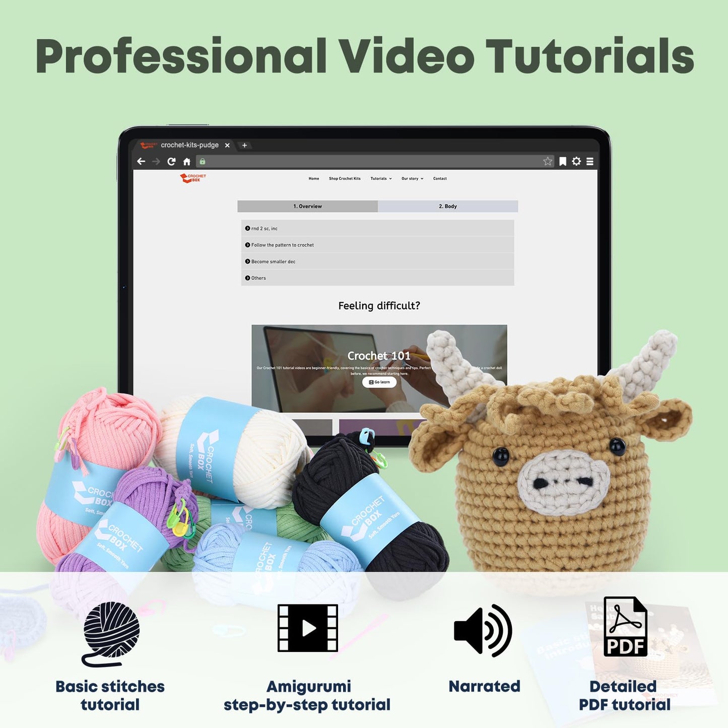 Crochet Kit for Beginners: Highland Cow Crochet Kit, Learn to Crochet, Include Easy Knitting Soft Yarn, Step-by-Step Video Tutorial, Hook, Holiday Birthday Gift for Adults and Teen(30%+ Yarn)