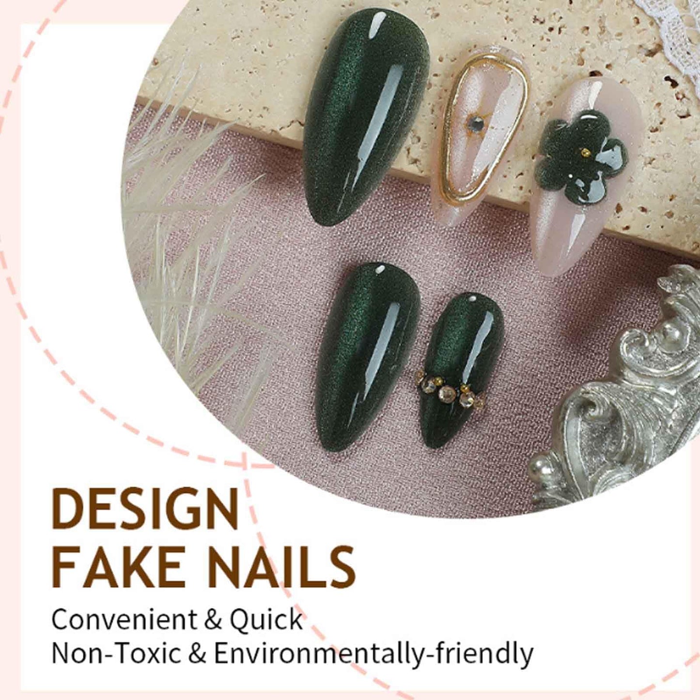 Hkanlre Green Press on Nails Medium Tips Full Cover Cat Eyes False Nails Fake Flower Nails Almond for Women 24PCS