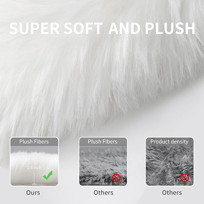 Small Faux Fur Rug 2x4 ft Ultra Soft Sheepskin Rugs Chair Sofa Cover Seat Pad, White Fluffy Shag Rug for Bedroom Nursery Kids Room, Luxury Shaggy Rug Fuzzy Plush Floor Carpets