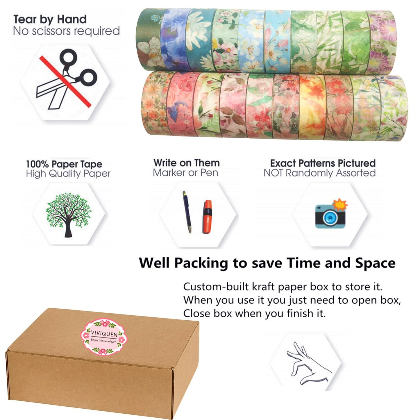 VIVIQUEN 20 Rolls Flower Washi Tape Set, 15mm Floral Washi Tape for Bullet Journal, Masking Decorative Tapes for Arts and DIY Crafts, Gift Wrapping