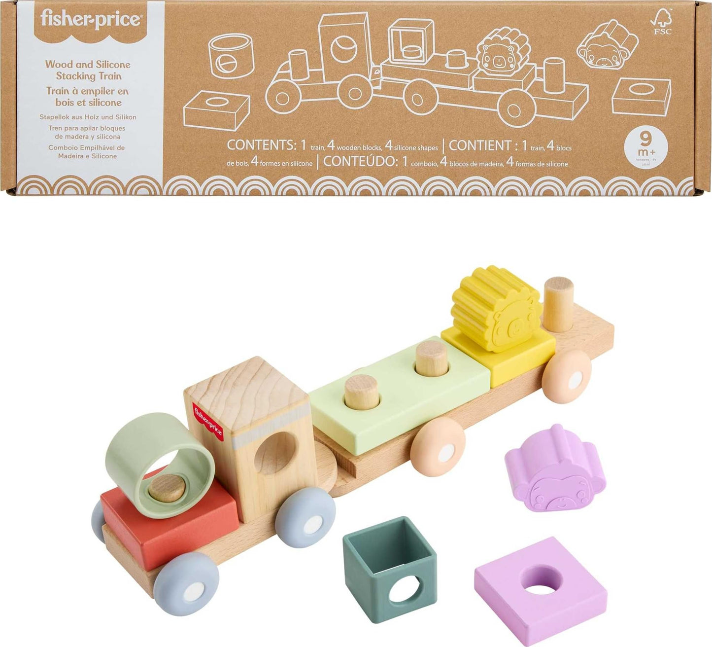 Fisher-Price Wood Baby Toy Stacking Train, 9-Piece Activity with Silicone & Wooden Blocks for Infants & Toddlers Ages 9+ Months