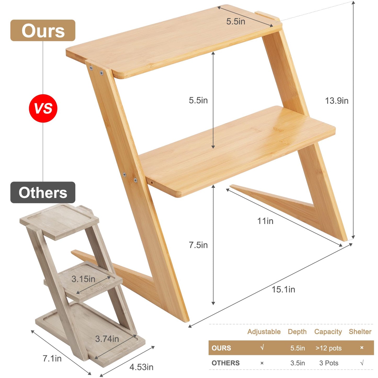 OcBuct 3 Tier Table Top Countertop Small Plant Stand with Shelf Adjustable, Bamboo Wooden Desk Plants Succulent Stand, Office Flower Pot Holder Rack ,Cup Cake Stand, Kitchen Spice Rack