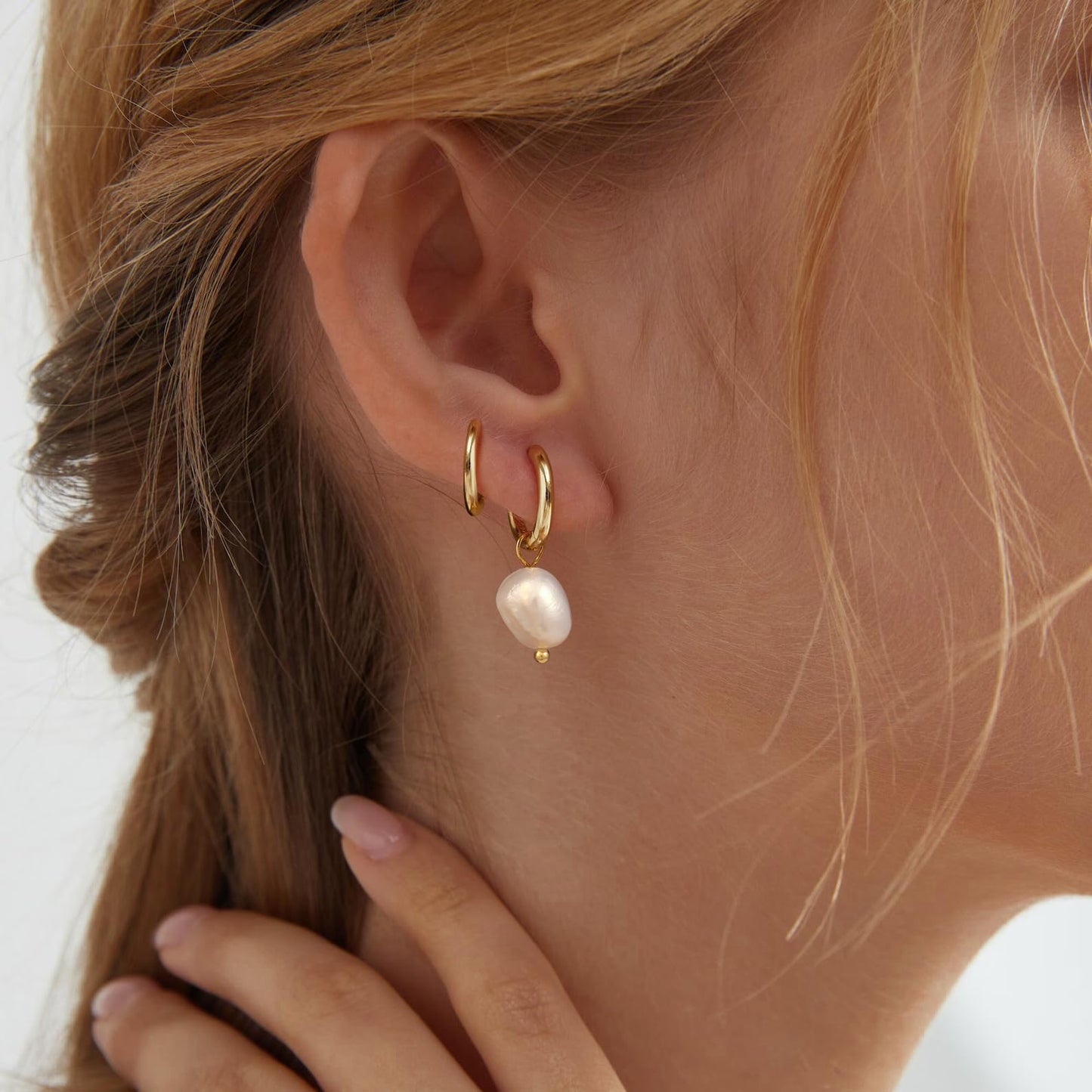 Moodear Trendy Pearl Drop Hoop Earrings for Women - Dainty 14K Gold Plated Small Dangle Baroque Pearls Stud Hoops Hypoallergenic Earring Sets for Multiple Piercing