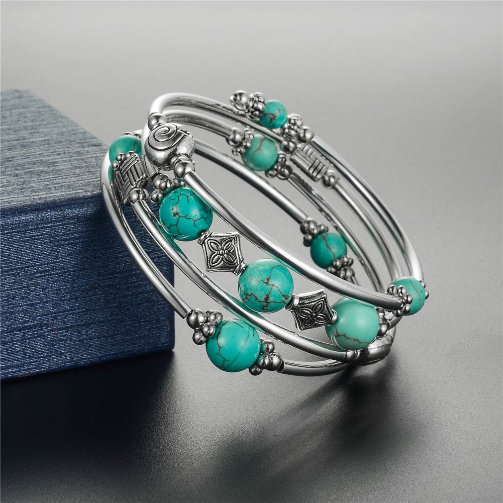 Beaded Pearl Bangle Wrap Bracelet - Fashion Bohemian Jewelry Multilayer Charm Bracelet with Thick Silver Metal Beads, Gift For Women(Turquoise)