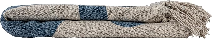 Bloomingville Woven Reclaimed Cotton Blend Printed Sheet with Abstract Design and Fringe, Blue and Beige Throw Blanket