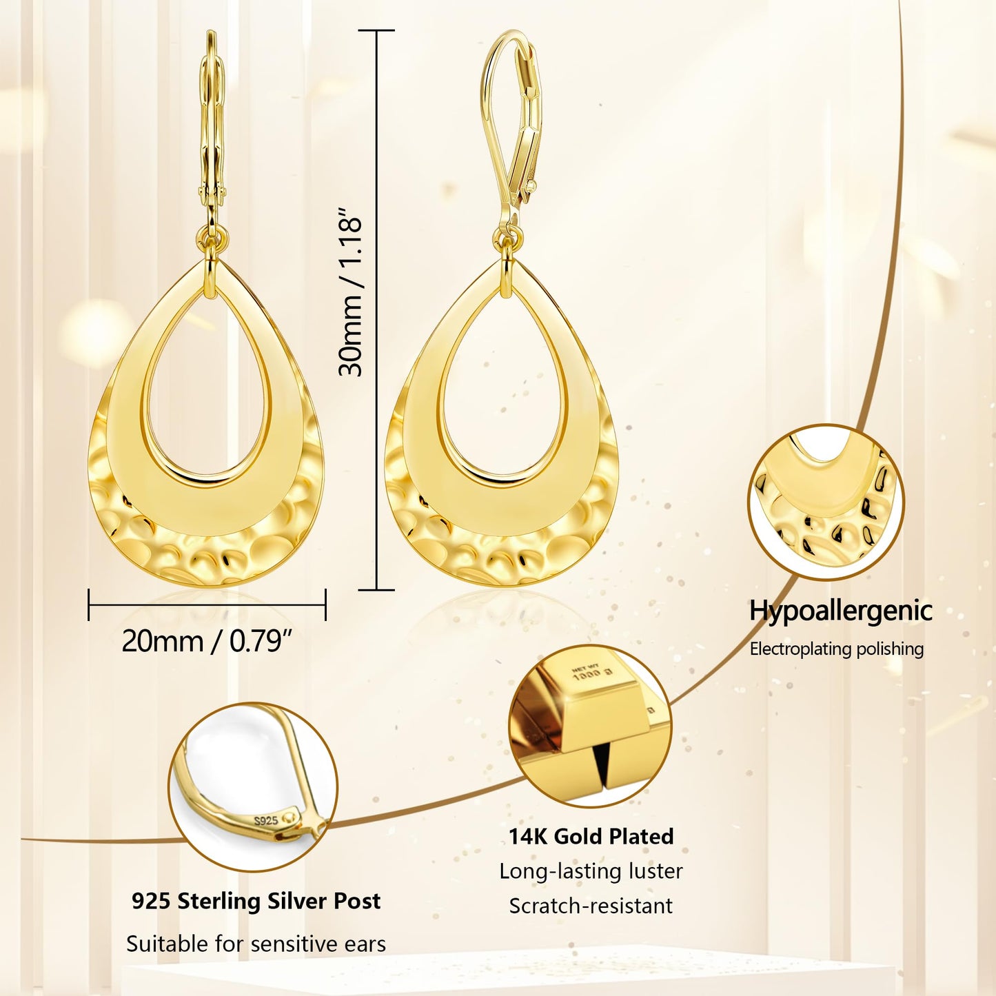 14K Gold Teardrop Dangle Earrings for Women Gold Layer Leverback Hammered Dangle Earrings Jewelry Hypoallergenic Waterdrop Leverback Dangle Earring for Gifts