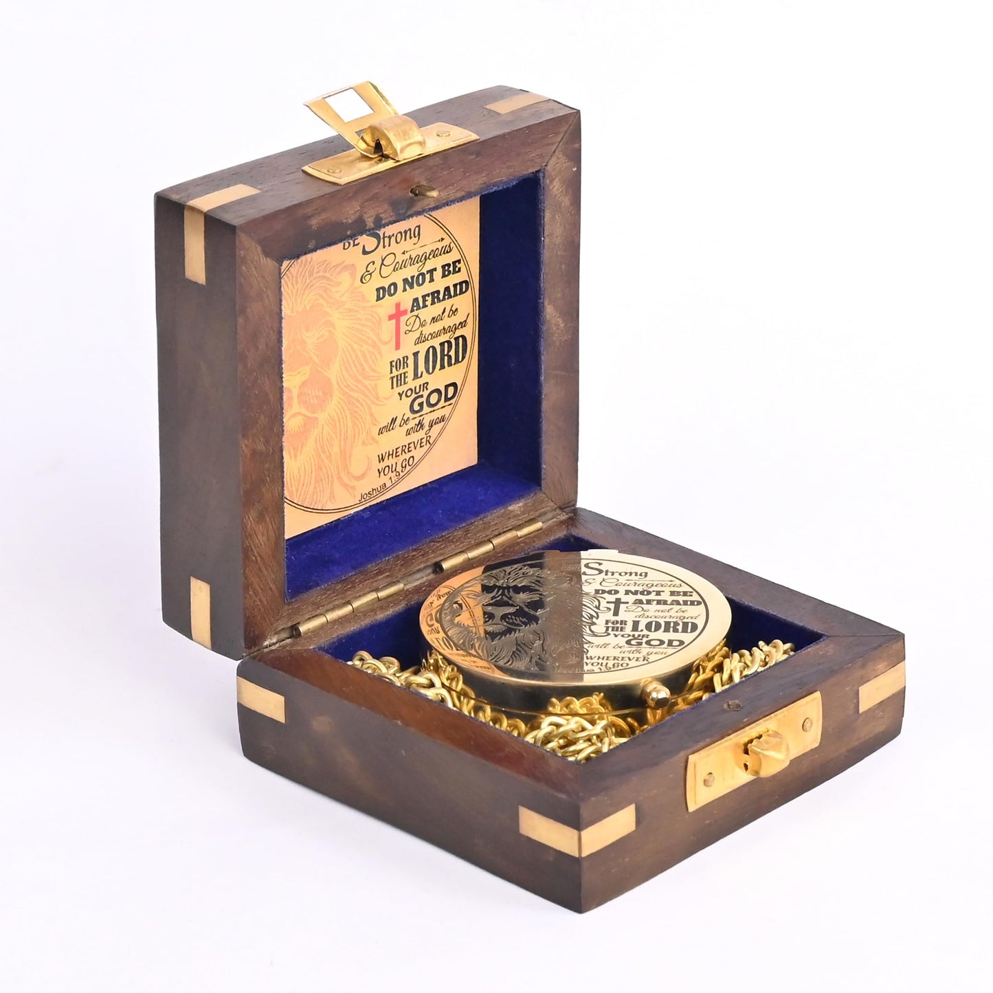 The New Antique Store - Brass Compass Engraved with Religious Scripture Verse (Joshua 1:9) - Perfect for Baptism, Confirmation, Communion - Ideal for Godson, Church, Graduation - Presented in Wood Box