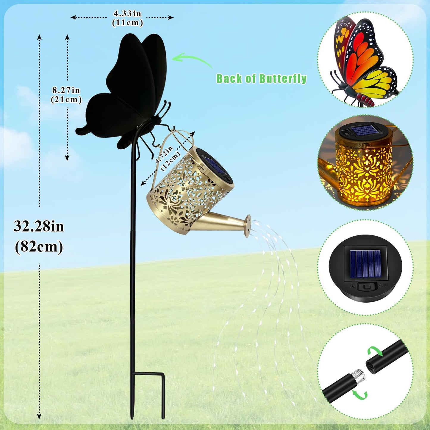 yeuago Solar Lights Outdoor Decorative, Watering Can with Cascading LED Lights on Butterfly Shepherd's Hook, Solar Garden Stake Decor for Yard, Mothers Day Gift for Women Mom