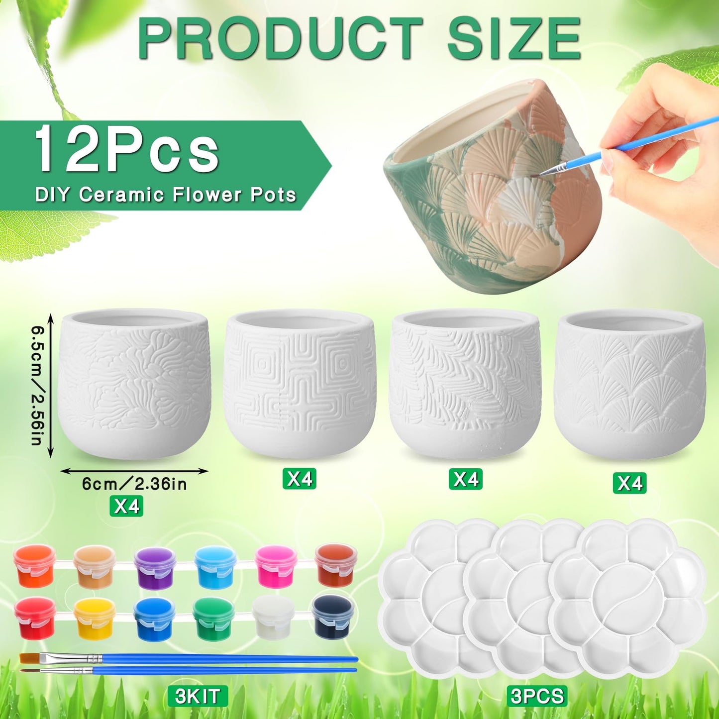 Zubebe 12 Pcs Paint Your Own Ceramic Pots Bulk Unfinished Succulent Pots Craft Kit with Drainage Hole Mini Paintable Plant Vase Ready to Paint Planter for Cactus DIY Craft (Nordic Embossed)