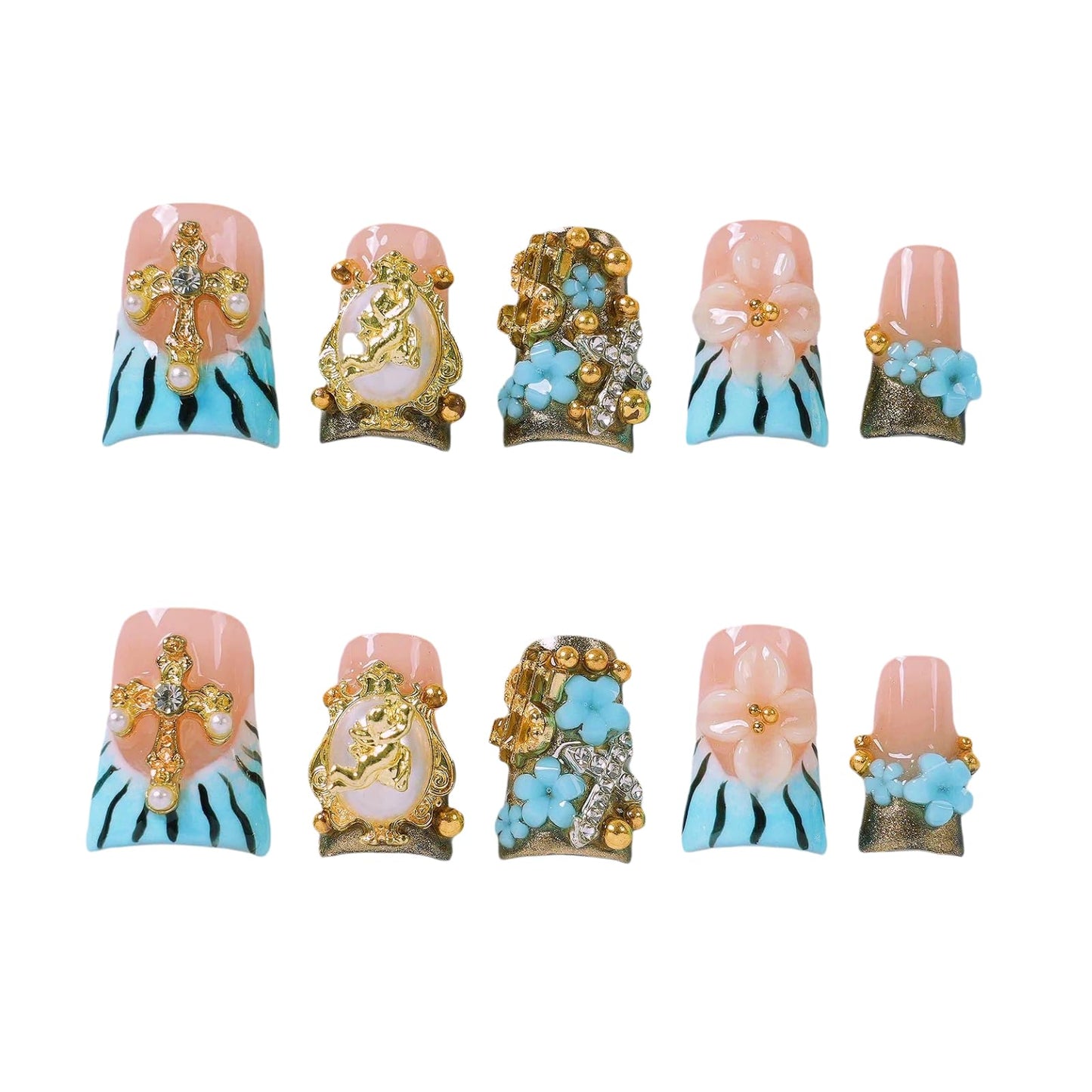 Tesytto Handmade Press On Nails Blue Zebra Short with Gold Angel Cross 3D Flower Rhinestone Charm, Stick On Fake Nails for Women, Reusable Baroque Vintage False Nails,10 Pcs(Baroque Enchanted Dream,M)