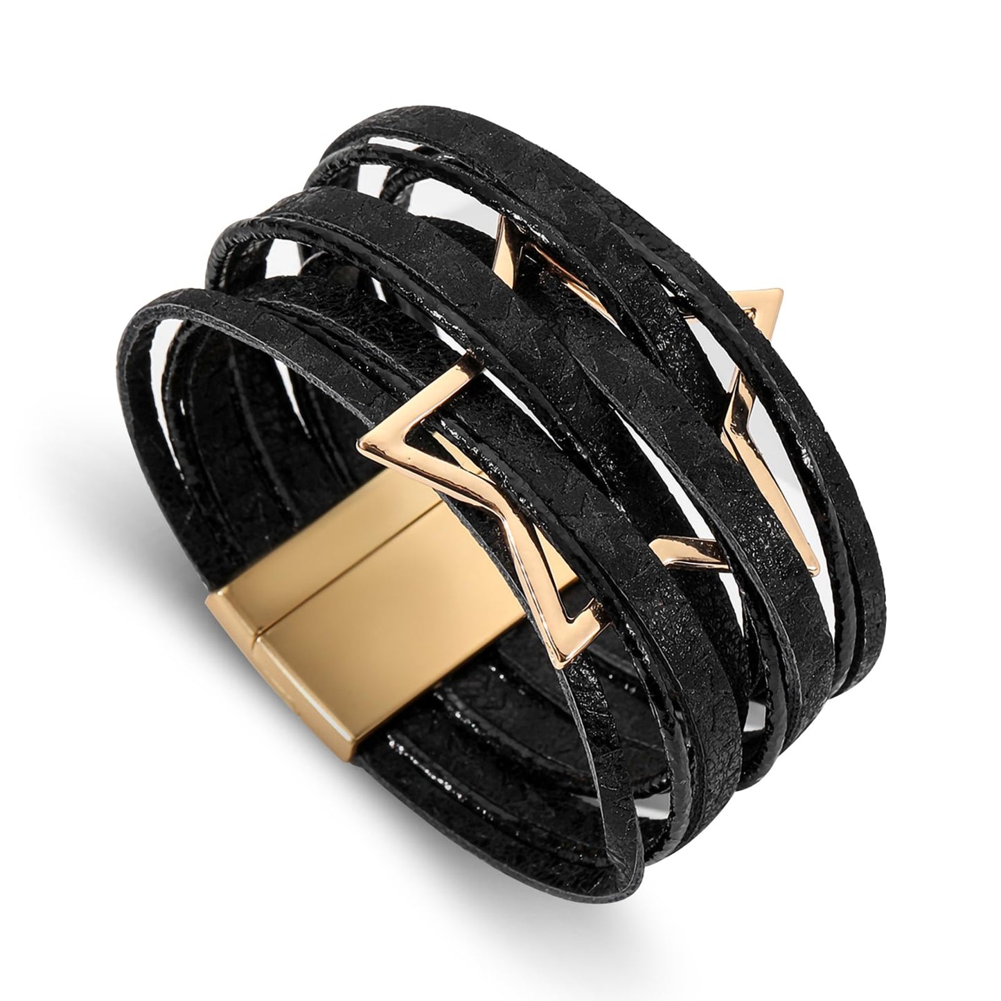 Leopard Bracelet for Women, Boho Leather Wrap Multi-Layer Pearl Crystal Bracelet Bangle Jewelry (Star Leather(Black))