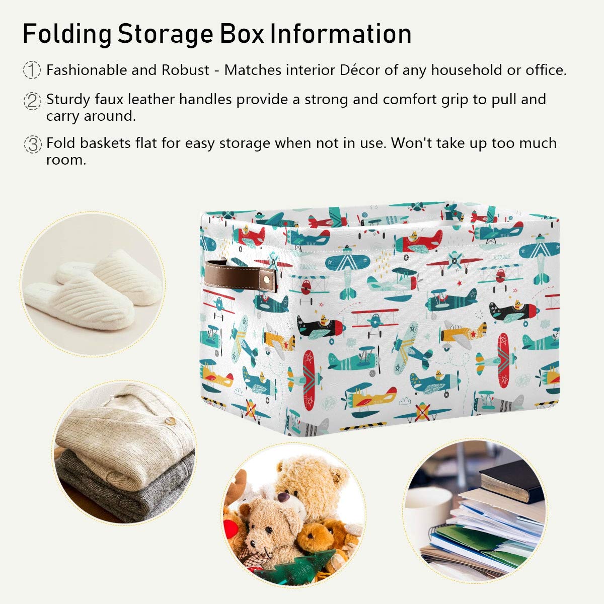 Storage Basket Cube Cartoon Airplane Helicopter Large Collapsible Toys Storage Box Bin Laundry Organizer for Closet Shelf Nursery Kids Bedroom,15x11x9.5 in,1 Pack
