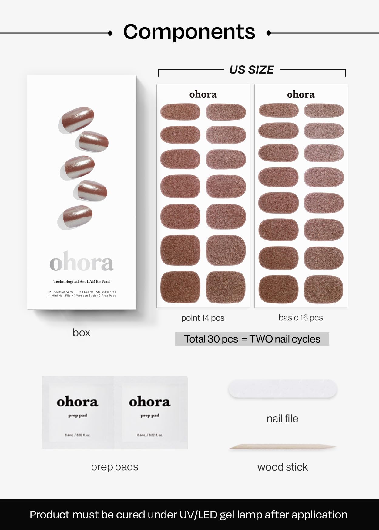 ohora Semi Cured Gel Nail Strips (N Chocolate Chrome) - Works with Any Nail Lamps, Salon-Quality, Long Lasting, Easy to Apply & Remove - Includes 2 Prep Pads, Nail File & Wooden Stick
