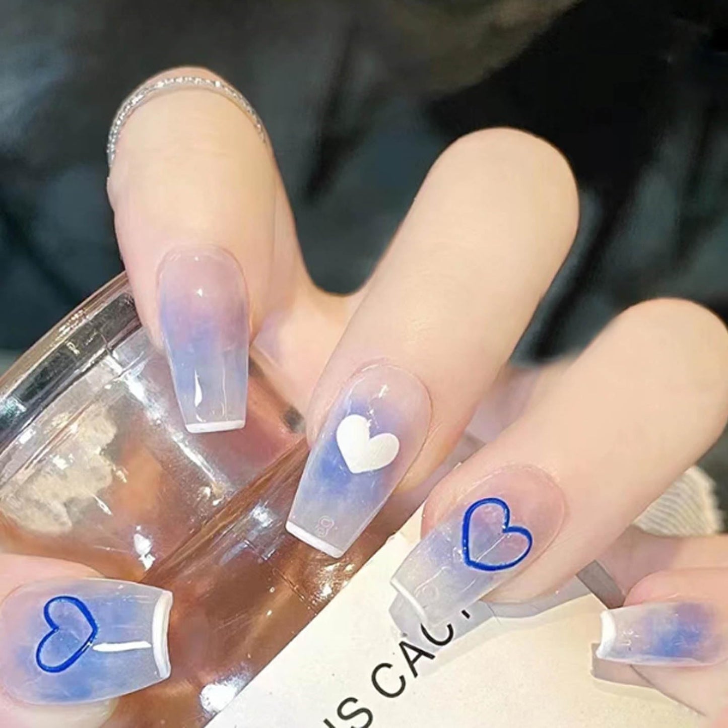 Hkanlre Heart Press on Nails Purple Fake Nails Tips Full Cover Gradient False Coffin Medium Nails for Women and Girls 24PCS