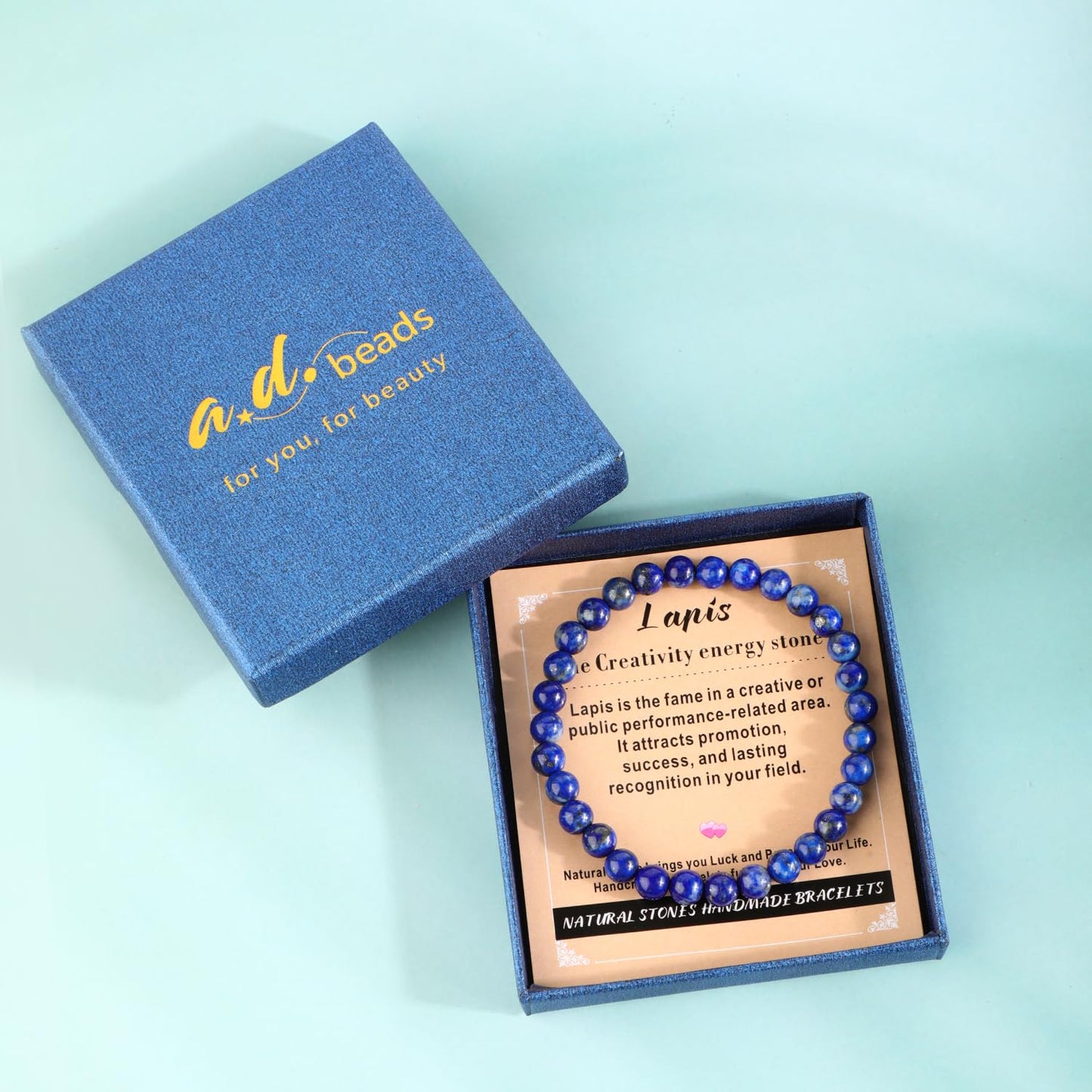 AD Beads 6mm Handmade Lapis Elastic Bracelet – Natural Gemstone for Profession Success – Meditation, Yoga, Healing and Energy Gift for Men Women