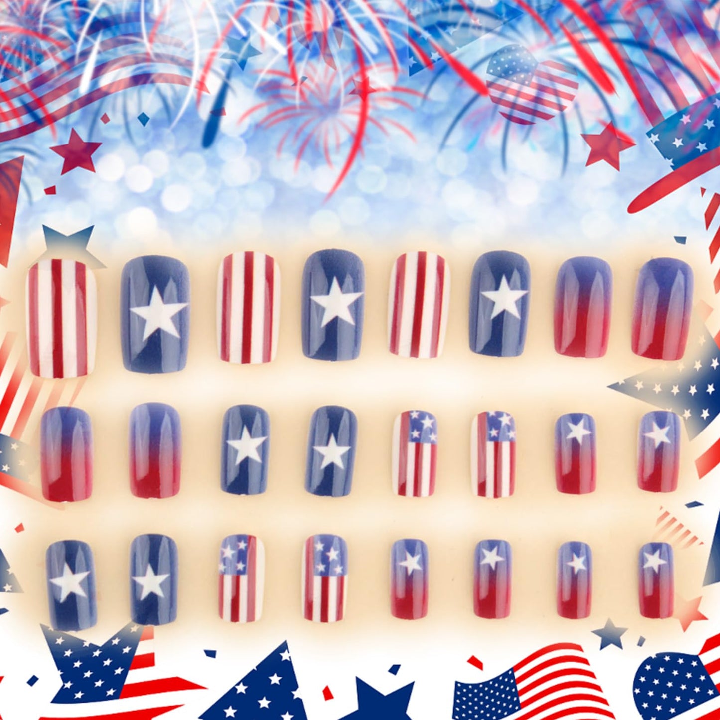 American Flag Fake Nails 24 Pcs Independence Day Acrylic False Nail 4th of July Press on Nails Glossy Red Gradient Glue on Artificial Fingernails HZJXRT Medium Square Stick on Nail for Women Gift
