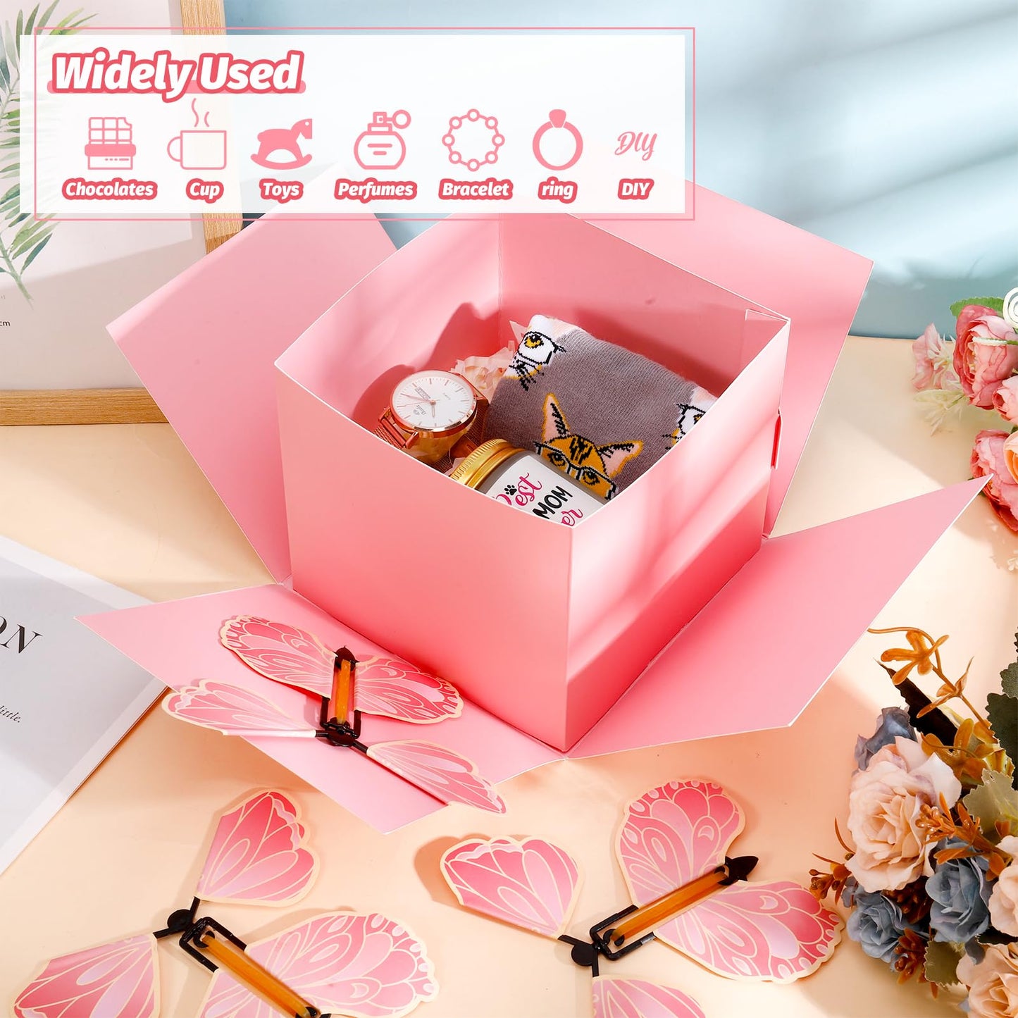 XLSXEXCL Butterfly Explosion Cardboard Gift Box, Flying Butterfly Surprise Box for Birthday, Wedding, Anniversaries, Christmas (Pink)