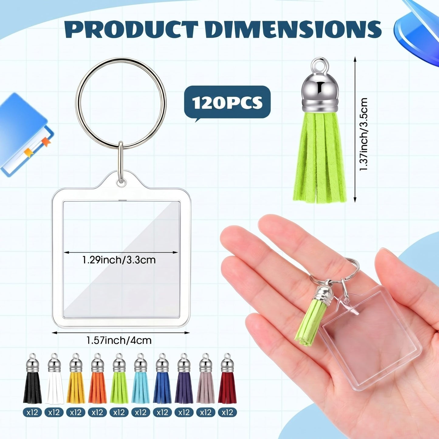 Yaomiao 120 Set Acrylic Photo Keychain with Tassel Clear Blank Custom Keychain Frame Holder Insert Picture Keyring Making Kit (Square)