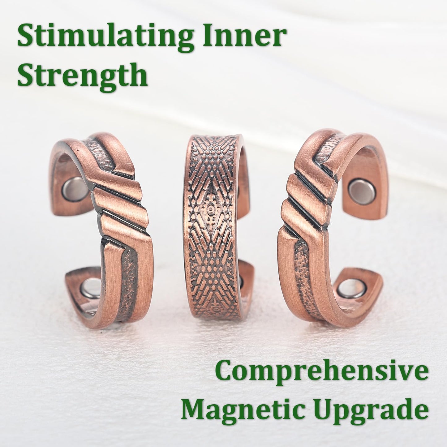 Fashtour 3 Copper Rings for Men, 99.9% Pure Copper Magnetic Rings, Vintage Pattern Adjustable Cuff Ring
