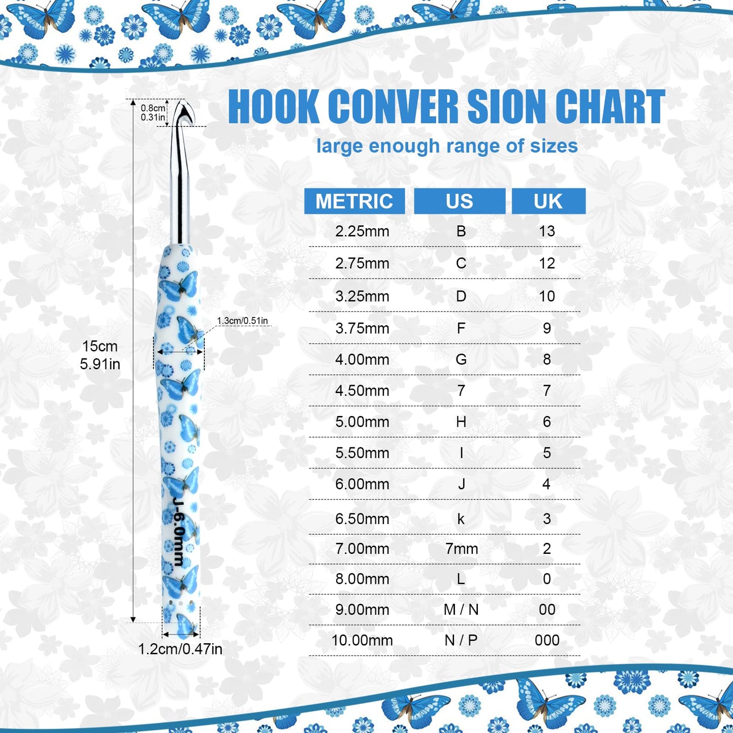 Ksheria Crochet Hooks Set with Case 14 Size Blue Butterfly Flower Pattern for Arthritis Hands, 2.25mm(B)-10mm(N) Crochet Needles for Beginners Christmas Gift New Year's Presents Crochet Lovers