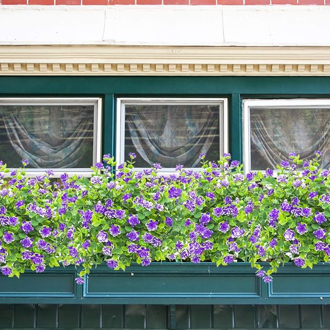 10 Bundles Artificial Fake Flowers, Faux Outdoor Plastic Plants UV Resistant Shrubs Outside Indoor Decorations (Blue-Eucalyptus)