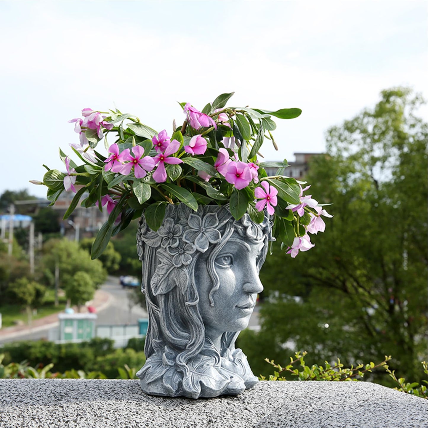 Romehaha Face Flower Pot Head Planter with Drainage Hole,Cute Resin Goddess Face Planters Pots Opend Eyes (Goddess Gray(Large))