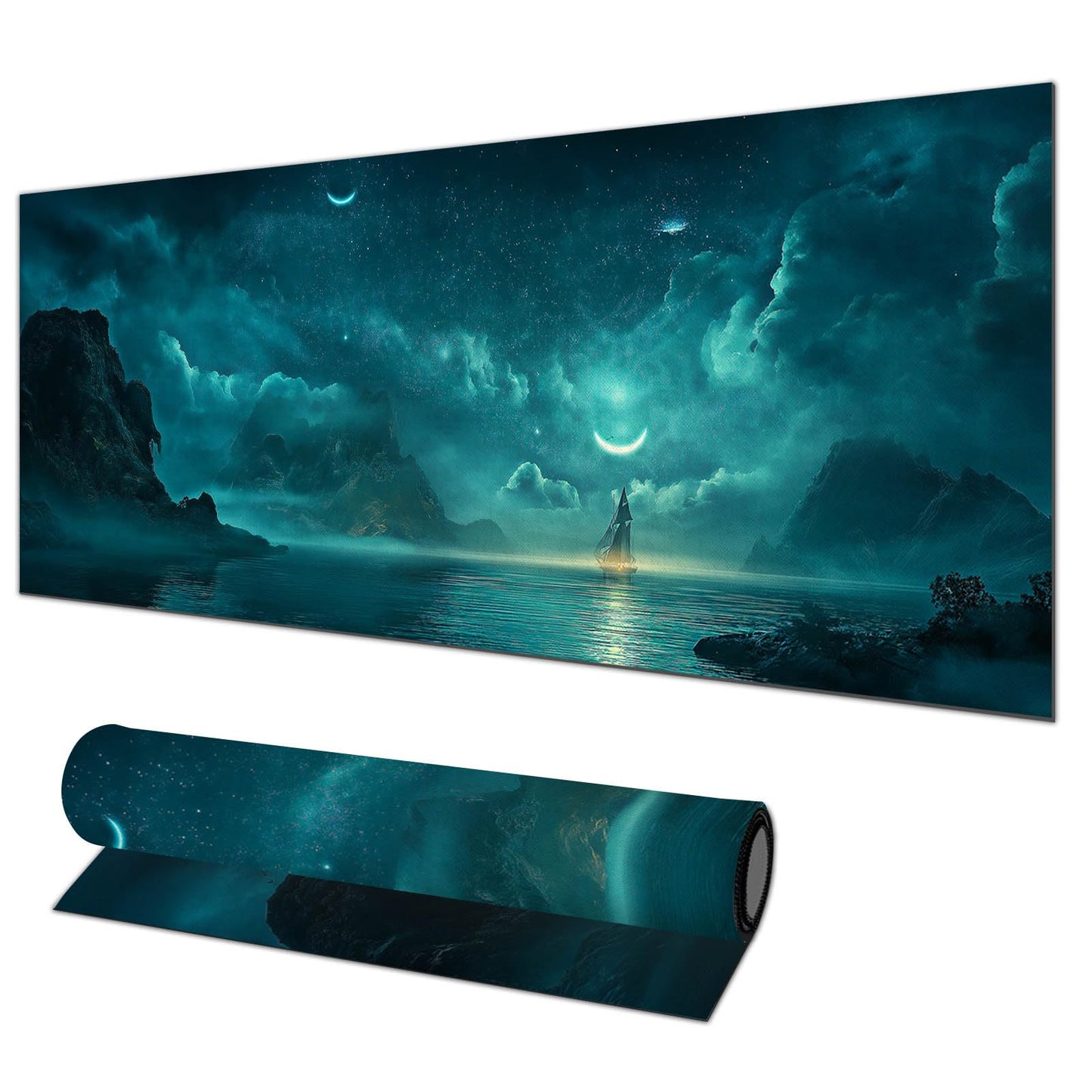HOMETITUTE Large Mouse Pad 31.5x11.8 Inch Gaming Mousepad Teal Moon Night Seascape Art Non-Slip Keyboard Desktop Protector Mat XL Mouse Pad for Home Office Laptop Wireless Mice Accessories
