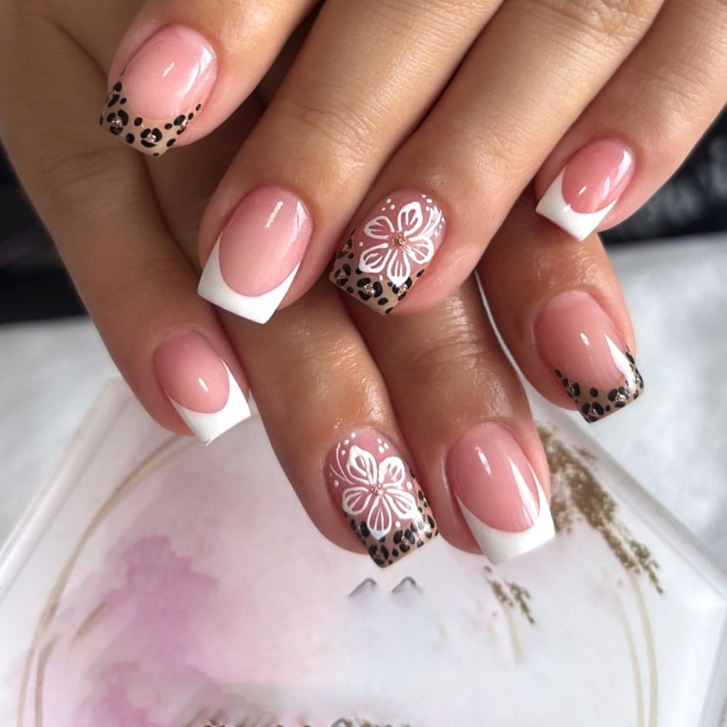 French Tip Press on Nails Short Square Fake Nails Pink Full Cover False Nail Press ons White & Leopard Print Glue on Nail with Flower Designs Glossy Artificial Acrylic Manicure Set for Women 24Pcs