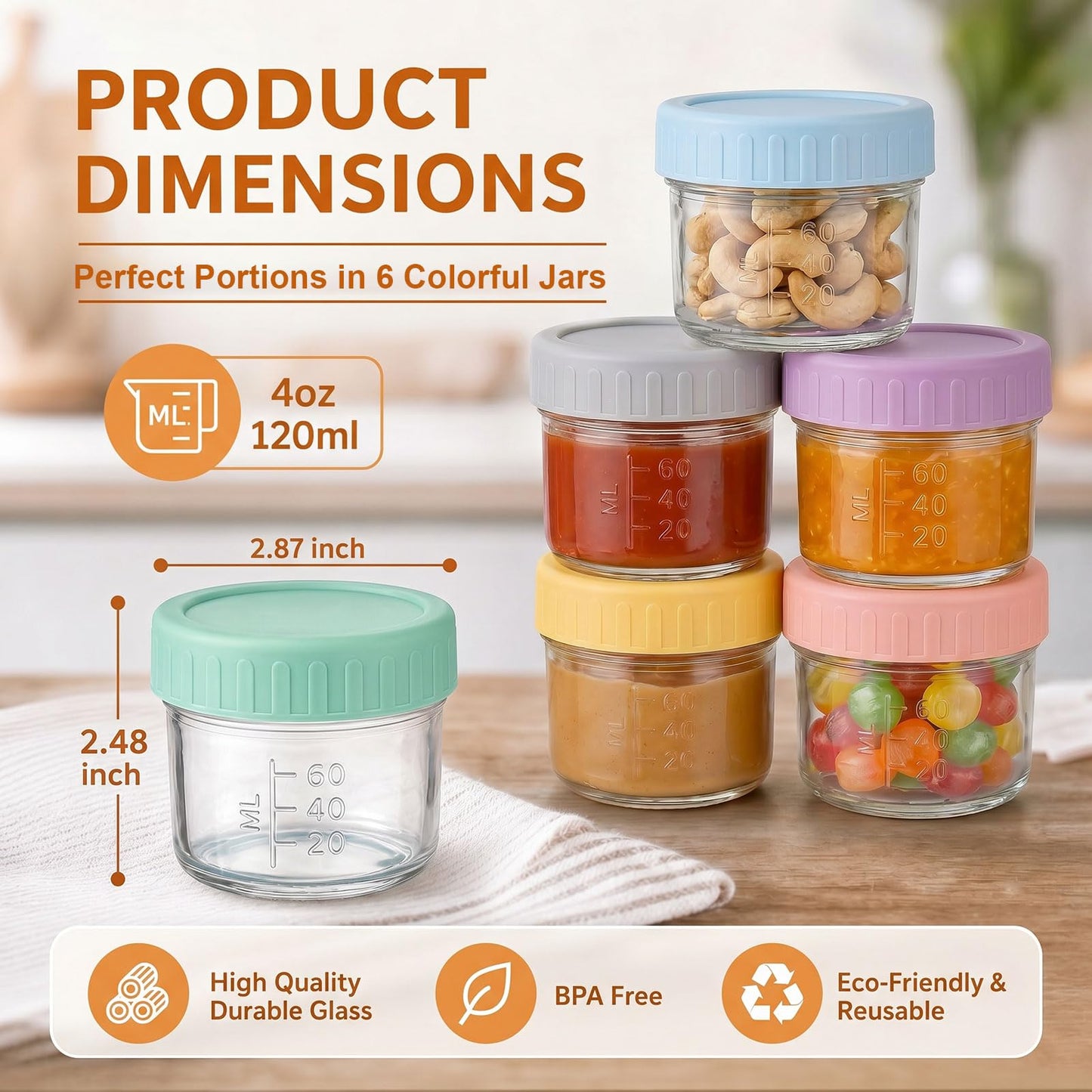 BOMEX 4oz Glass Jars with Lids Salad Dressing Container To Go Small Clear Glass containers for Wedding Favors Crafts Food Sample Storage Sauce Dressing Spice Jars 6 Pack