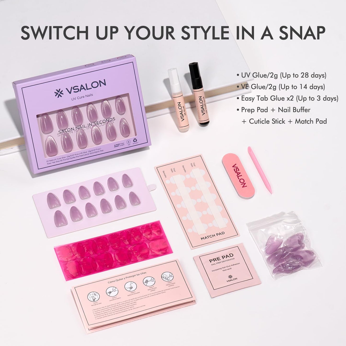 Vsalon Press On Nails Short Almond, Purple Cat Eye & Nude Pink Cat Eye Press On Nails