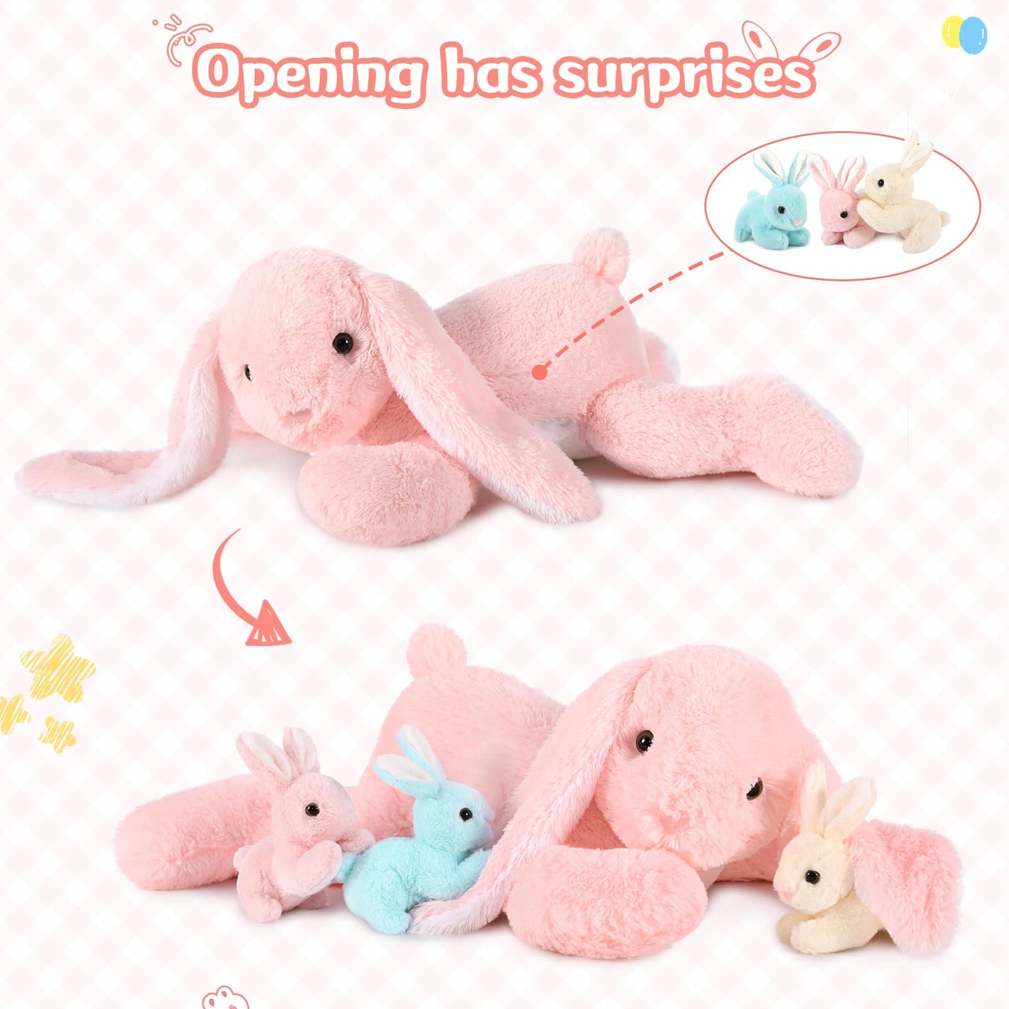 MaoGoLan 4Pcs Giant Bunny Stuffed Animal with 3 Babies Inside, 24" Easter Bunny Plush Toys, Soft and Cuddly Pink Stuffed Rabbit Gift for Kids,Girls,Boys,Teens