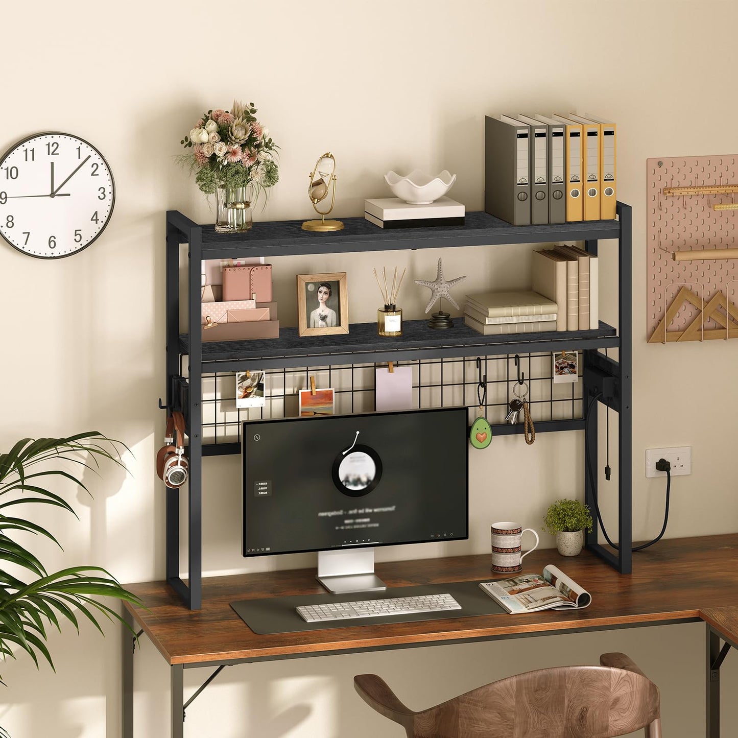 HOOBRO Desktop Bookcase, 37.4" Large Desk Shelf, 2-Tier Desktop Organizer, Wooden Office Storage Rack with Outlets, Display Shelf Rack with Light Strip, Desk Hutch for Office, Black BB13UDSJ01