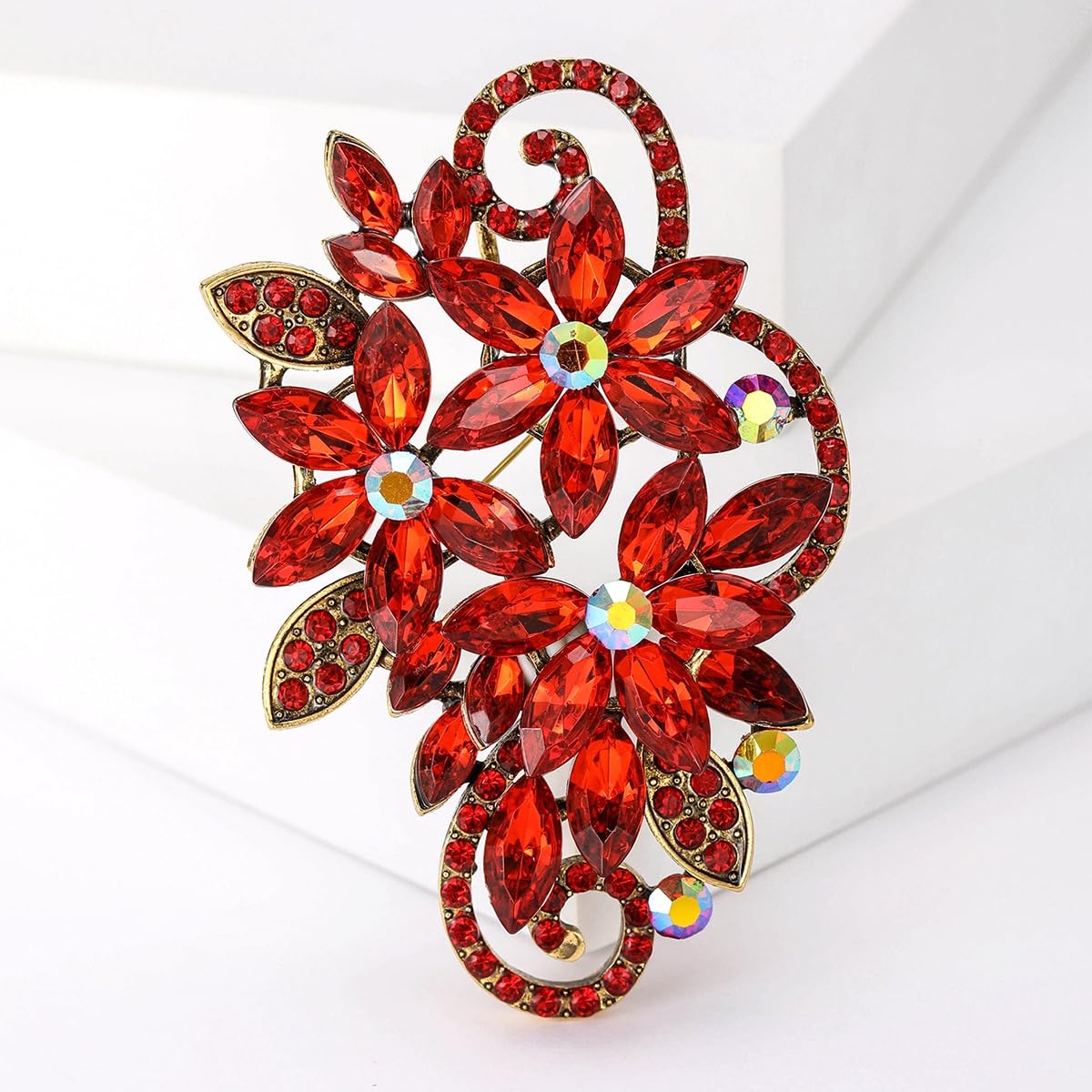 YOQUCOL Vintage Red Austrian Crystal Rhinestone Flower Shape Brooch Pin For Women