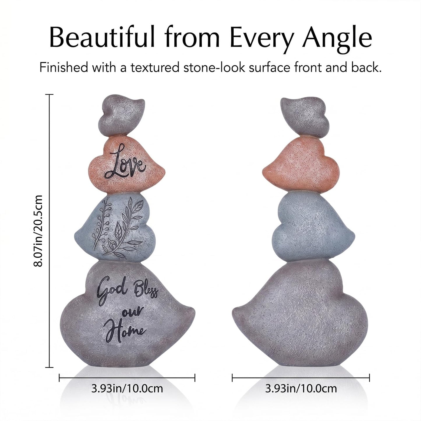8.07in Heart Sculpture Decor, Textured Stone-Look Love Statue with God Bless Our Home Message, Stacked Heart Figurine for Shelf, Tabletop and Mantel, Housewarming Gift, Heart Decorations for Home