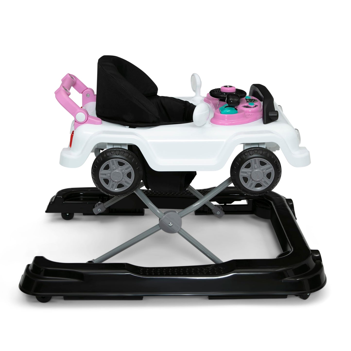 Jeep Classic Wrangler 3-in-1 Grow with Me Activity Walker - Features Music, Lights, Removable Play Tray, Push Walker Mode, Converts into Rolling Car Toy, White/Pink