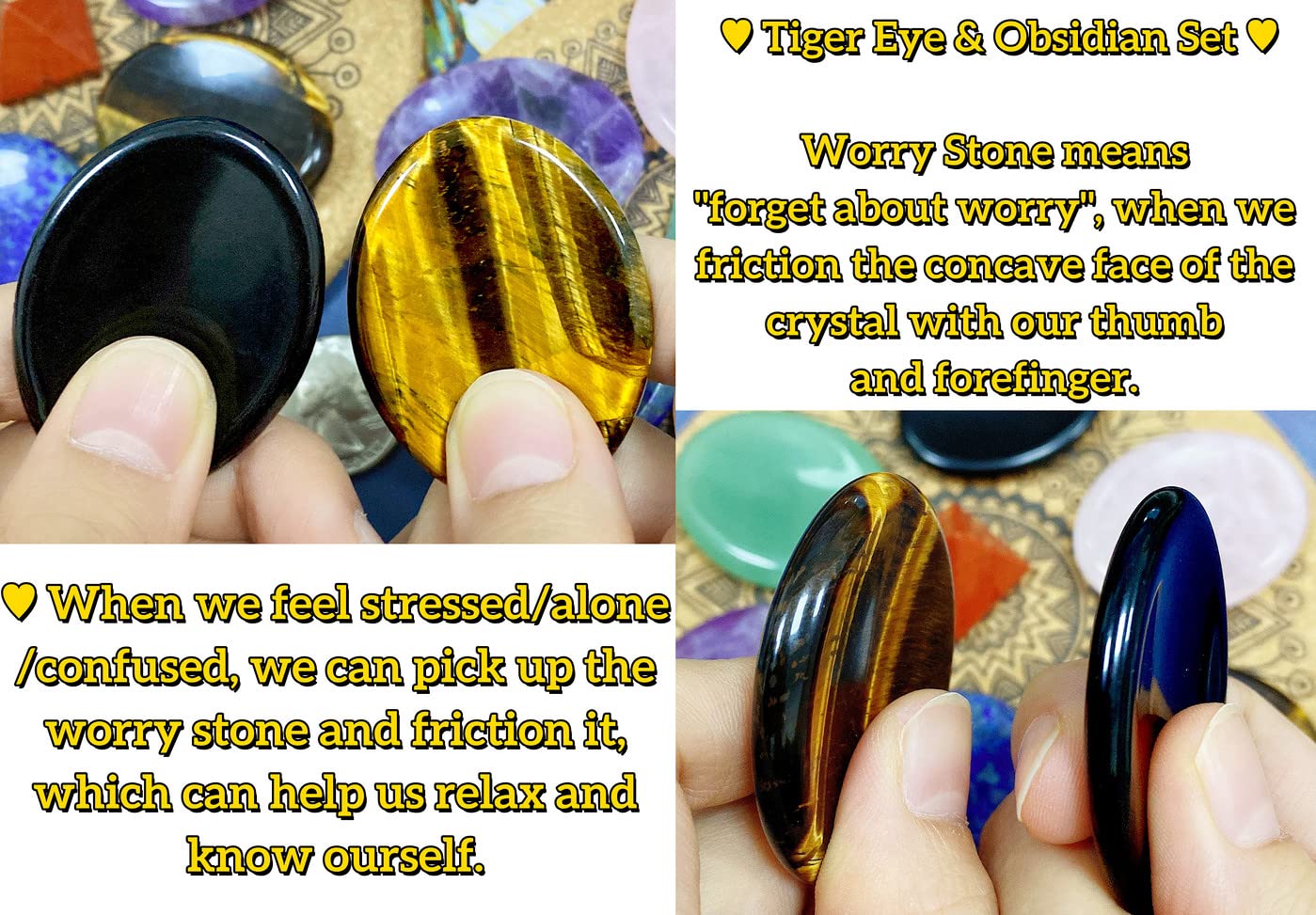 QINJIEJIE 2PCS Thumb Worry Stone for Anxiety Tiger's Eye Obsidian Healing Crystals Hand Carved Stones Oval Pocket Gemstones Sets Meditation Crystal Reiki Relax Stone Anxiety Relief Items