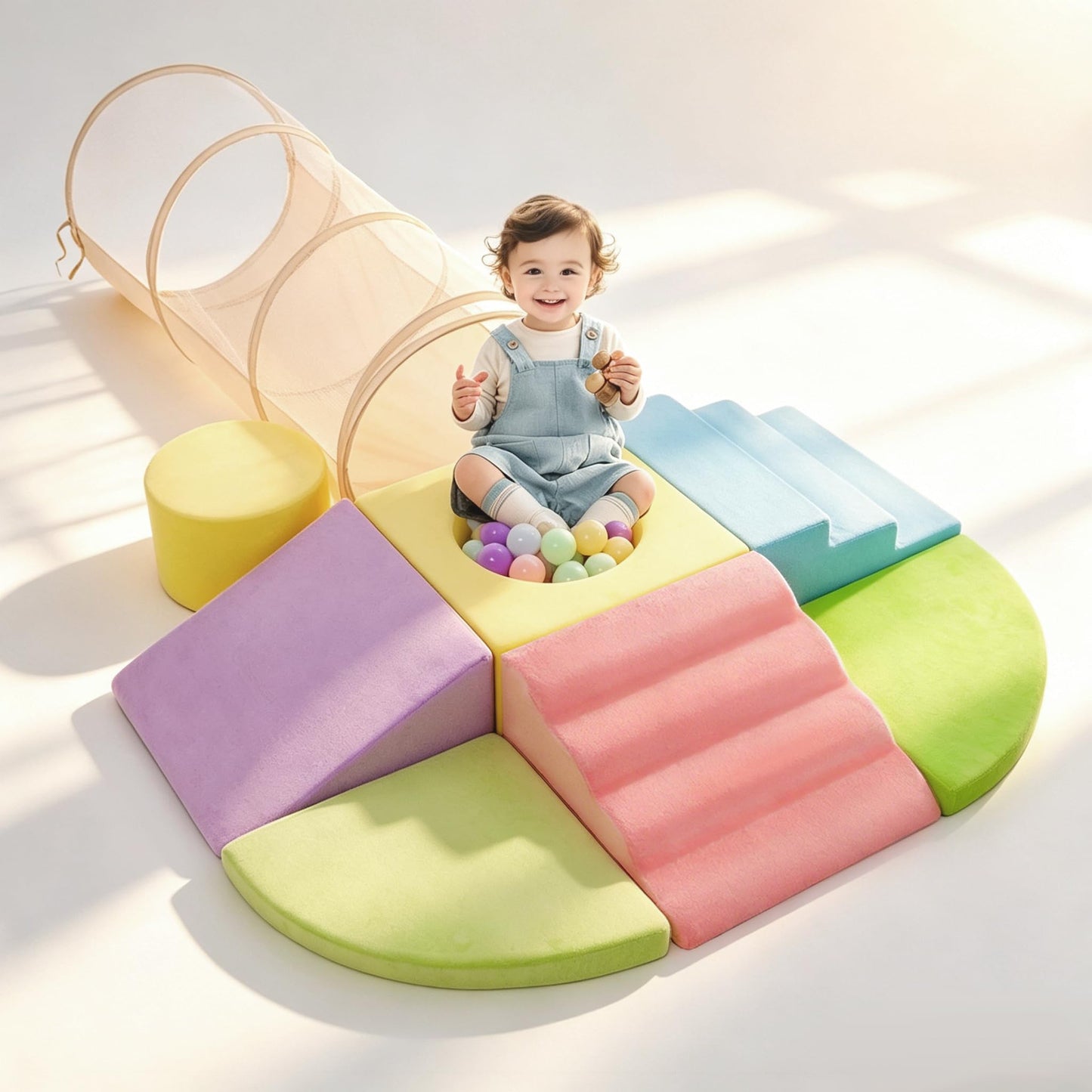 Foam Climbing Blocks Large-Scale Playset with Crawl Through Tunnel & Soft Fabric - 7+1 Piece Indoor Play Gym for Toddlers & Baby - Big Blocks Climber Toy for Crawling, Walking & Active Play (No Balls)