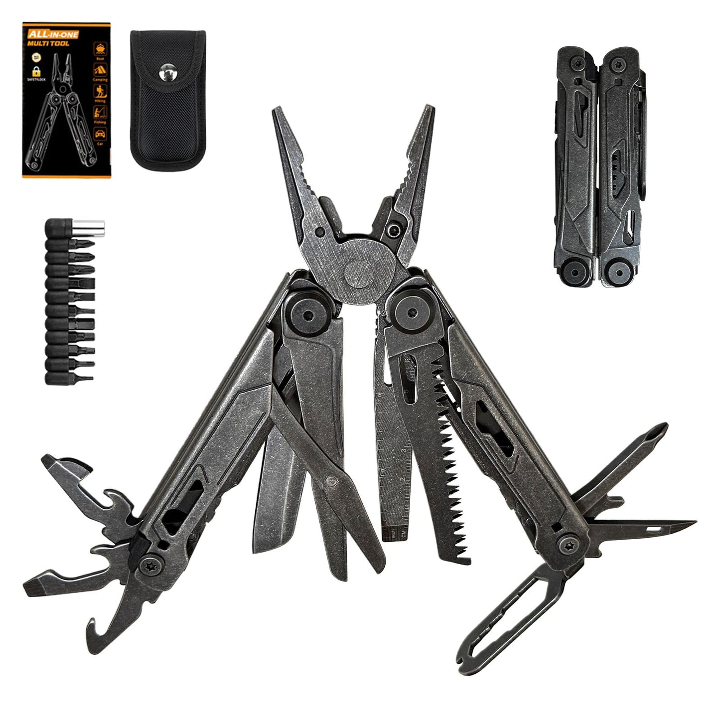 34-in-1 Multitool Pliers with Scissors,Bottle Opener, Allen Wrench,Rope Cutters,File, Saw, Screwdrivers,Stainless Steel Multi Tool with Carrying Pouch Ideal for Camping Survival & Gift for Dad Him Men
