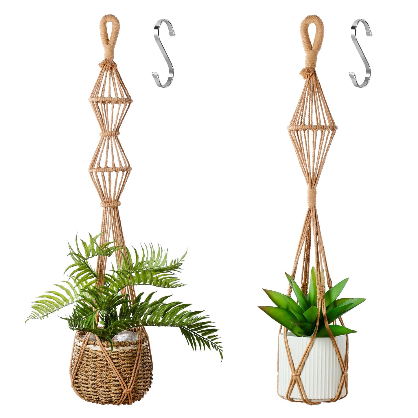 Hourglass Floating Macrame Plant Hangers 2 Pack Handmade Cotton Rope Hanging Planters Basket with S Hooks, Diamond Openwork Boho Home Decor for Indoor Outdoor, Plants Holder 35" & 39” (Caramel)