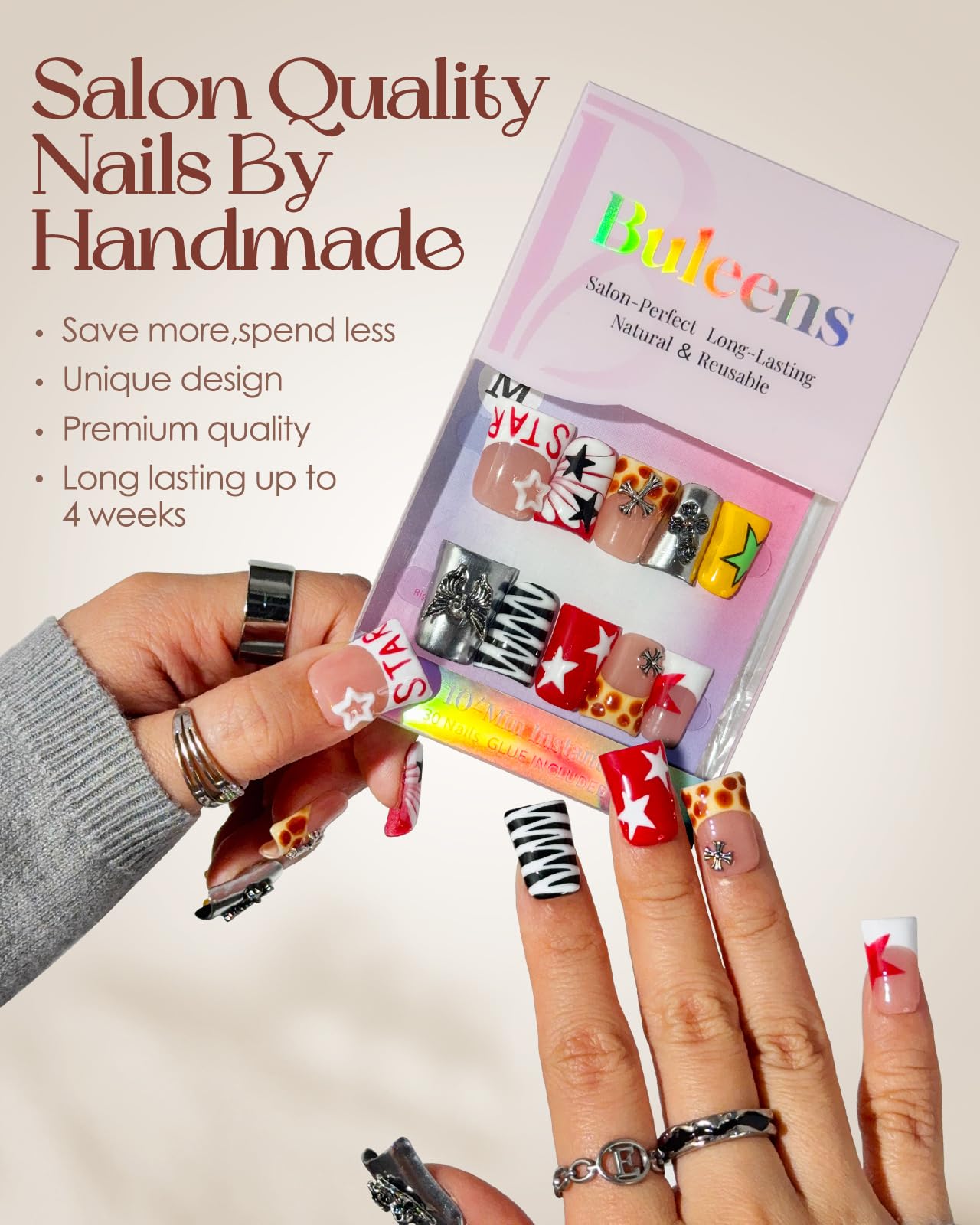 Buleens Handmade Press on Nails Acrylic Duck Nails-10pcs Short Edgy Punk Star Cross 3D Fake Nails Kits with Glue