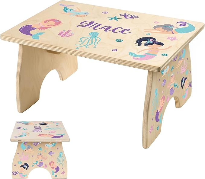 Step Stool for Toddlers- Personalized Wood Kids Step Stool with Name for Kitchen Sink, Bathroom, Potty Training, Toilet, Kitchen Sink- Sturdy and Safe- Made in USA by BloomOwl (Mermaid)
