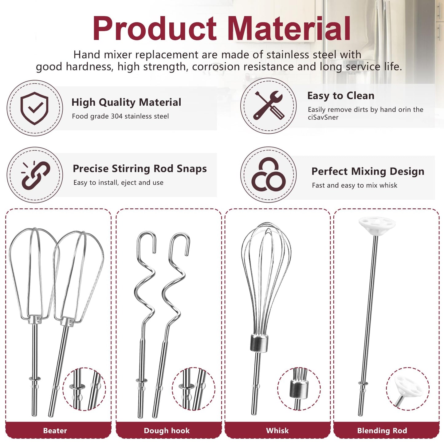 Hand Mixer Attachments Beater, Whisk, Blending Rod and Dough Hooks, Stainless Steel Hand Mixer Accessories Compatible with Kitchenaid Hand Mixers KHM3 KHM5 KHM7 KHM9, Set of 6