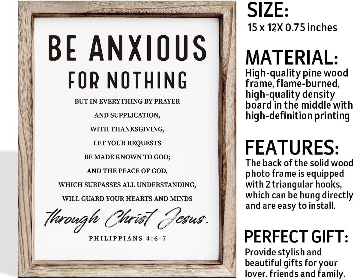 Christian Wooden Wall Signs, Farmhouse Home Decor, Christian Hanging Decor, Living Room Decors, Framed Wall Plaque Sign 15 * 11.5 inches, Be Anxious for Nothing Sign